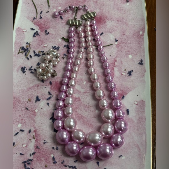 Jewelry - Set Vintage Pink Beaded Necklace & Japan pink cluster clip on earrings.